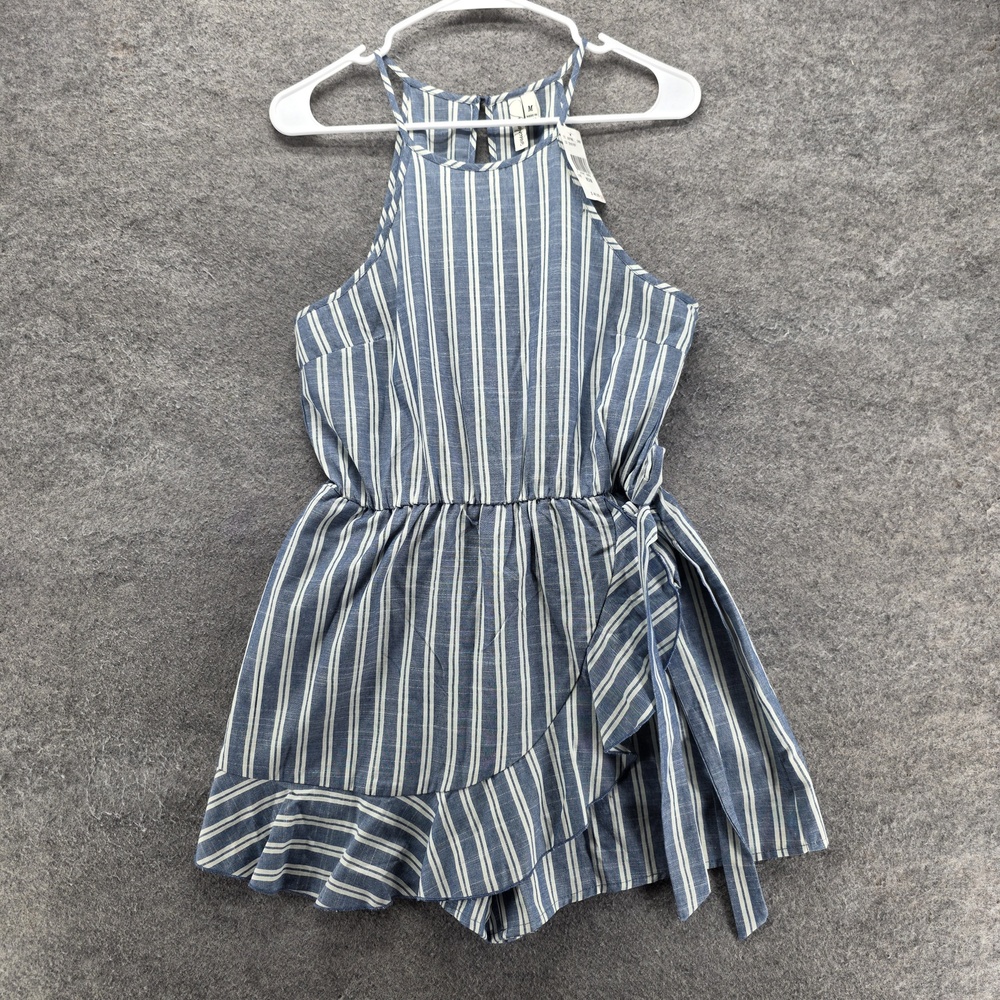 Speechless Romper Juniors M Blue Striped One-Piece Halter Belted Ruffle Hem
